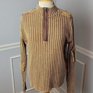 PULP Brown Tan Mixed Media 1/4 Zip Mock Neck Cable Knit Military Style Sweater L